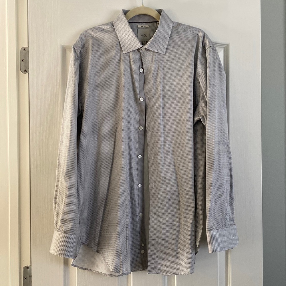 WRK men’s dress shirt white with black polka dots